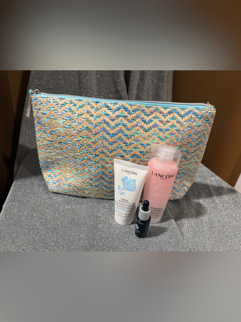 Lancôme Woven straw Multicolor Cosmetic Pouch  Blue Accent/3 piece skincare new